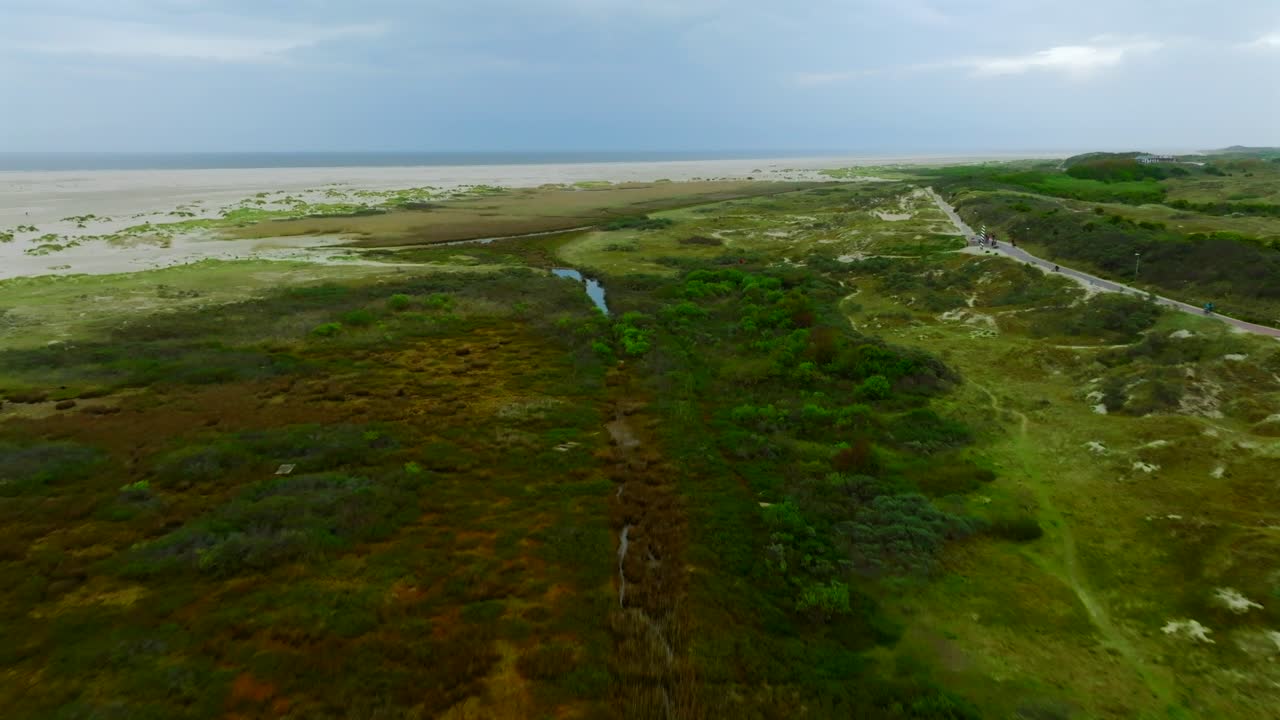 Flyover lush marshland with winding streams, sand dunes and vast beach under cloudy skies on Borkum Island.