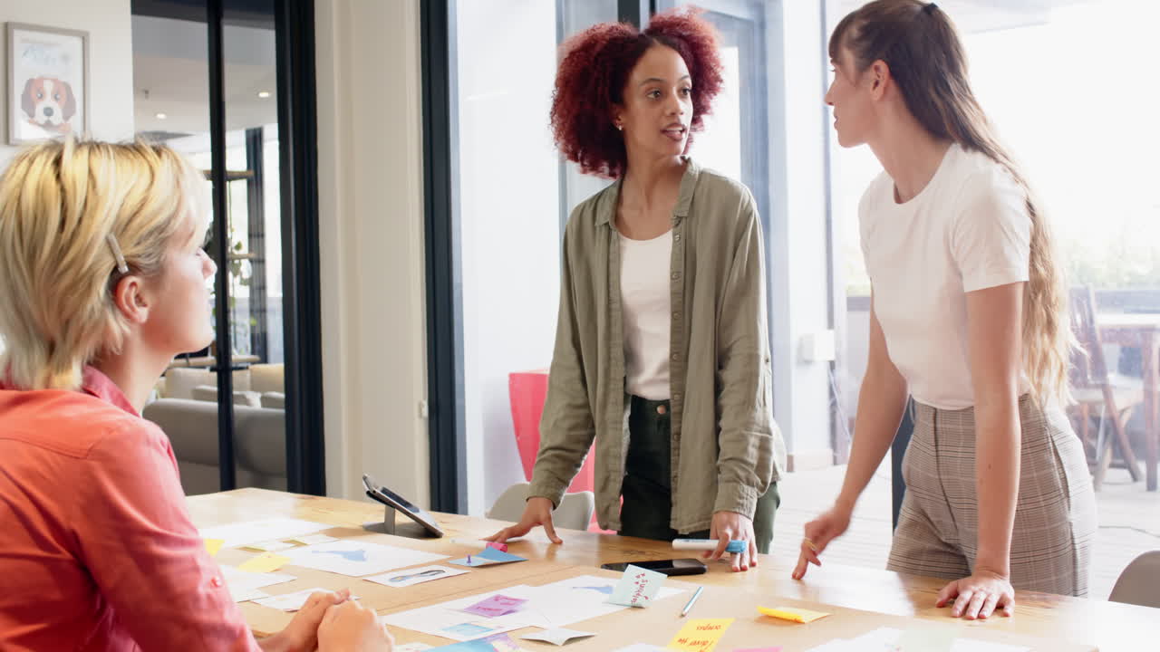 Discussing ideas and using sticky notes, women collaborating on creative writing project