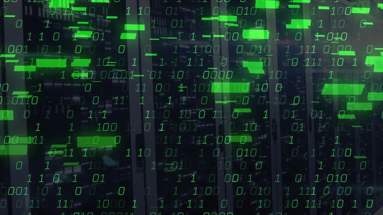At one second mark server racks receiving binary streams with sliding blocks visualizing data flow