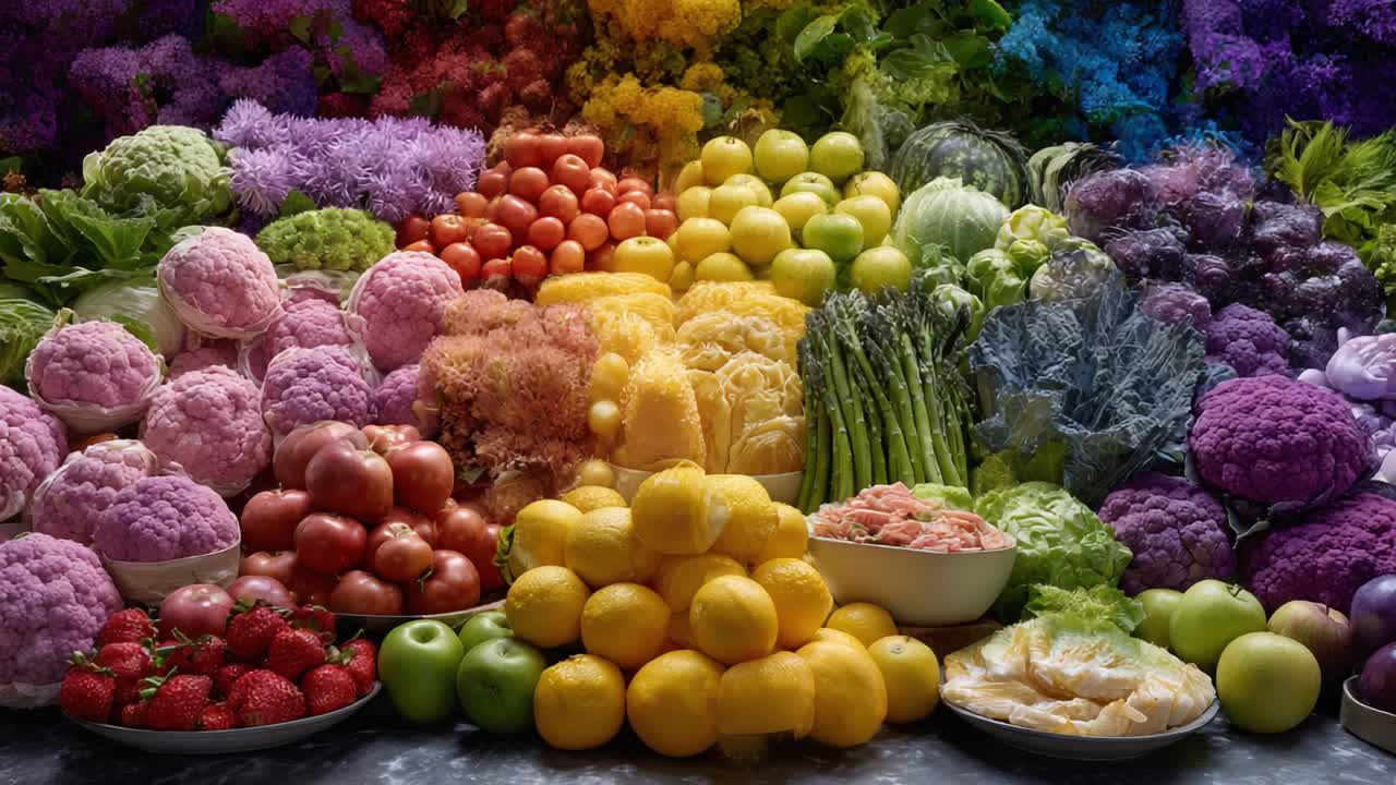 A Vibrant Display of Fresh Vegetables and Fruits Arranged Artistically, Showcasing a Colorful Array of Produce Including Cauliflower, Tomatoes, Asparagus, Strawberries, and More