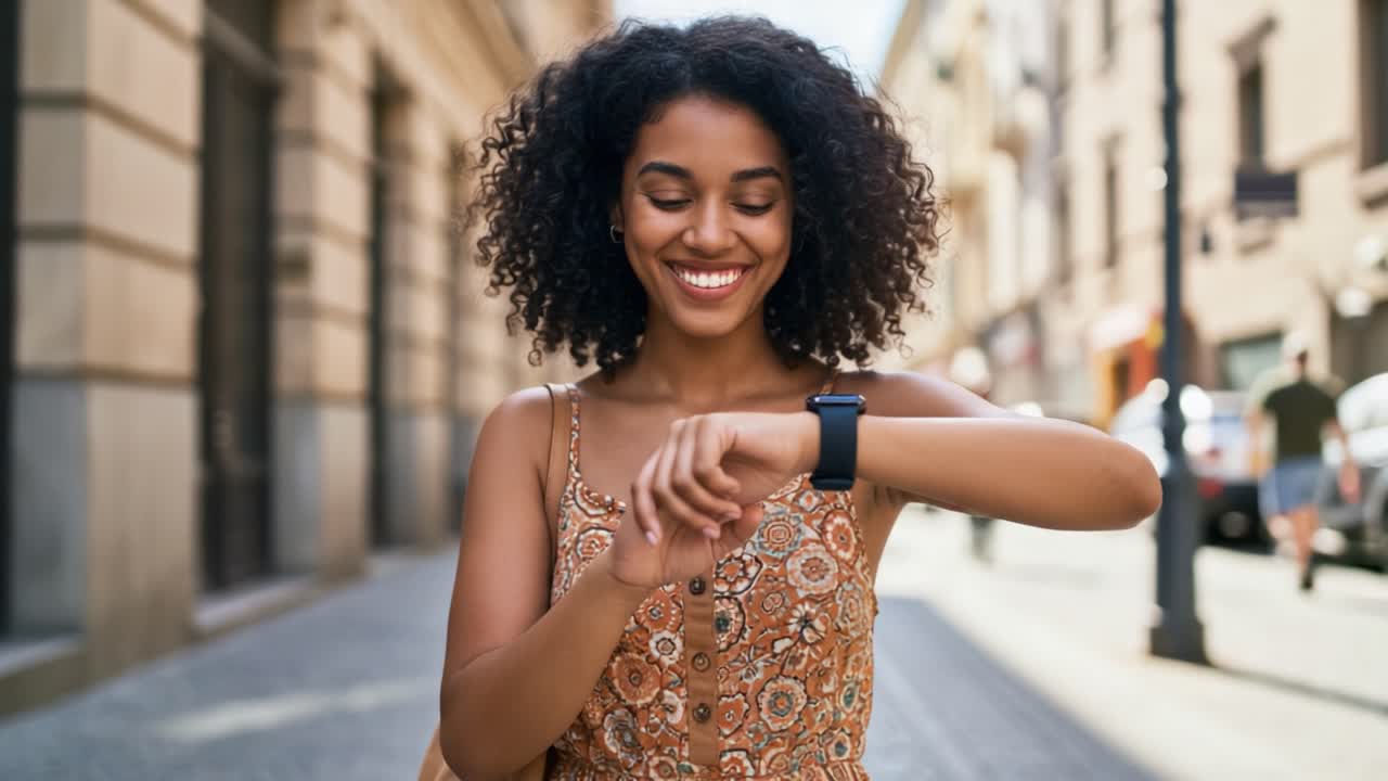A young woman with curly hair joyfully checks her smartwatch while walking down a sunlit street, showcasing a blend of personal style and technology in a vibrant urban setting