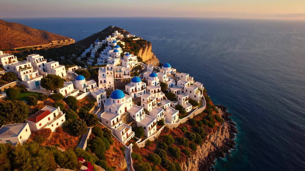Sunset over a Greek Village on a Cliffside