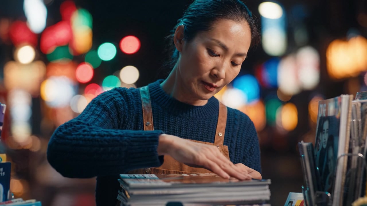A Dedicated Vendor Organizing Magazines at a Vibrant Nighttime Street Market with Colorful Lights and a Focused Expression on Her Face