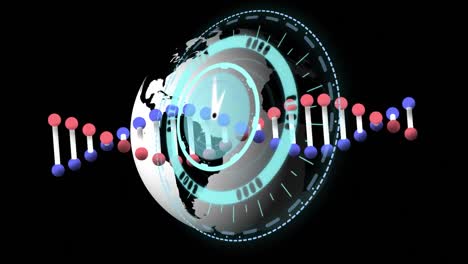 Animation-of-dna-strand-spinning-with-data-processing-and-globe-of-network-of-connections