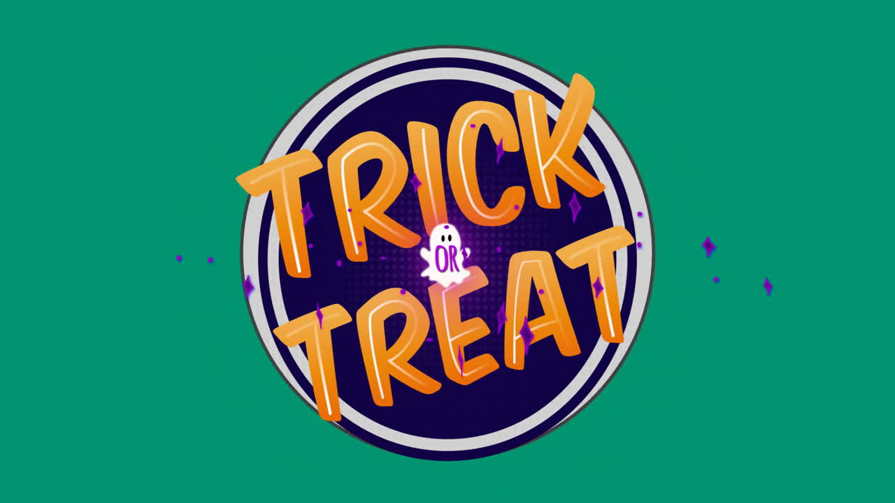Trick or Treat text animation with ghost icon on green background