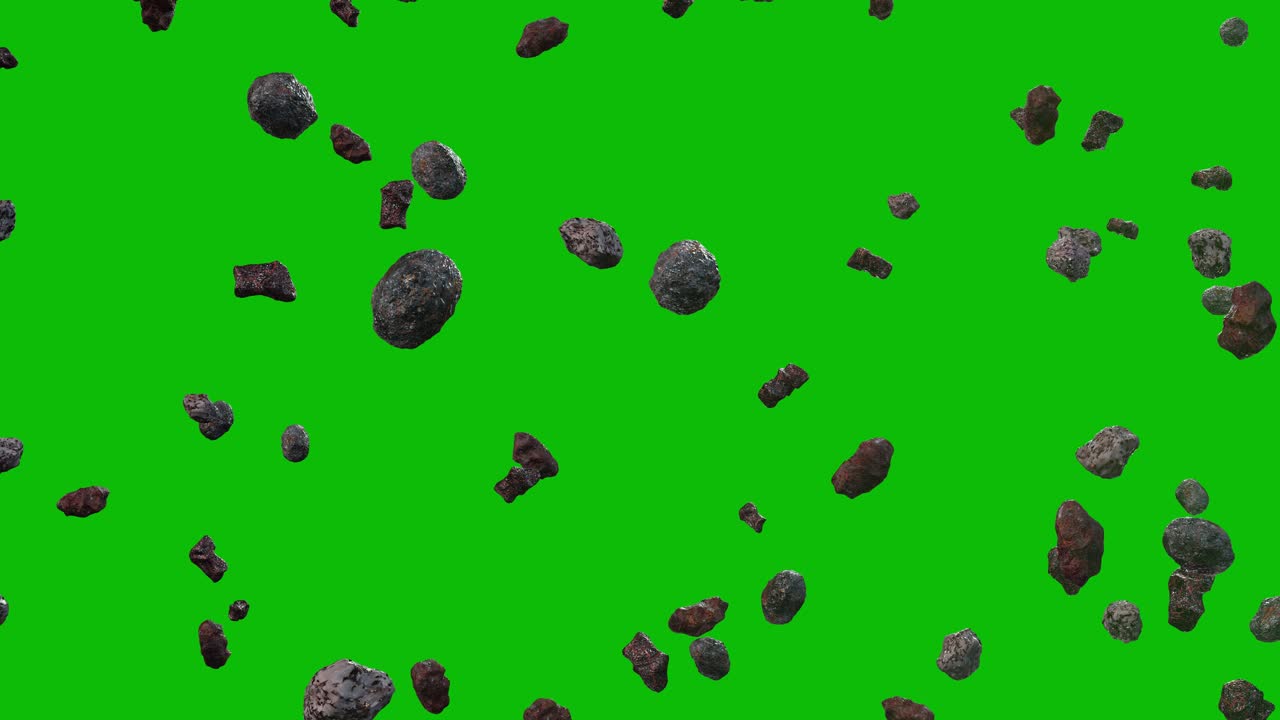 Passing through a meteor cloud on green screen 3D animation side view