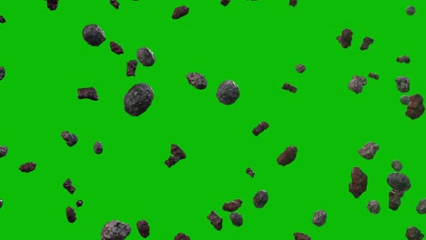 Passing-through-a-meteor-cloud-on-green-screen-3D-animation-side-view