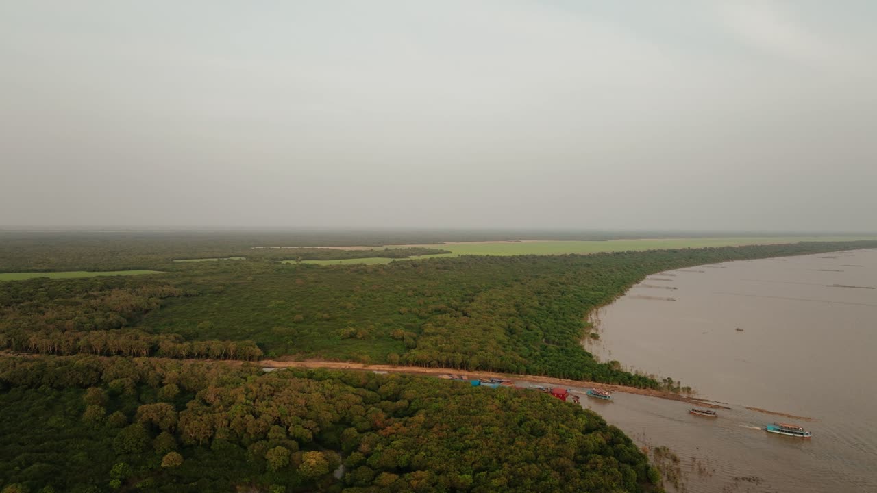 Aerial sunset view of mangrove forest stretching toward Tonle Sap Lake Cambodia