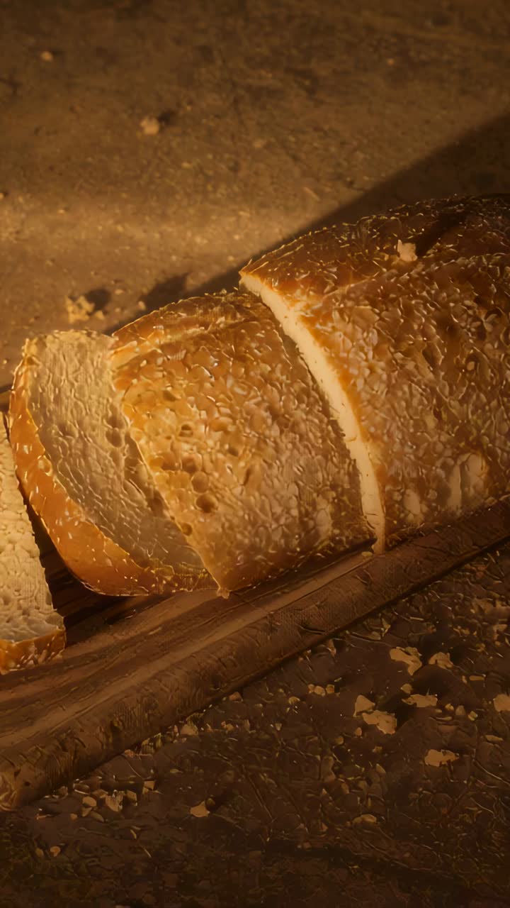 Video verticale: Una lampada si sposta, la telecamera filma un pane ai semi su un tagliere, con il bancone che aggiunge texture e briciole.