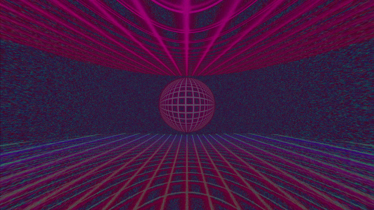 Pianeta a griglia Synthwave con orizzonte digitale e sfera luminosa.