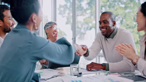 handshake, applause and business people in meeting