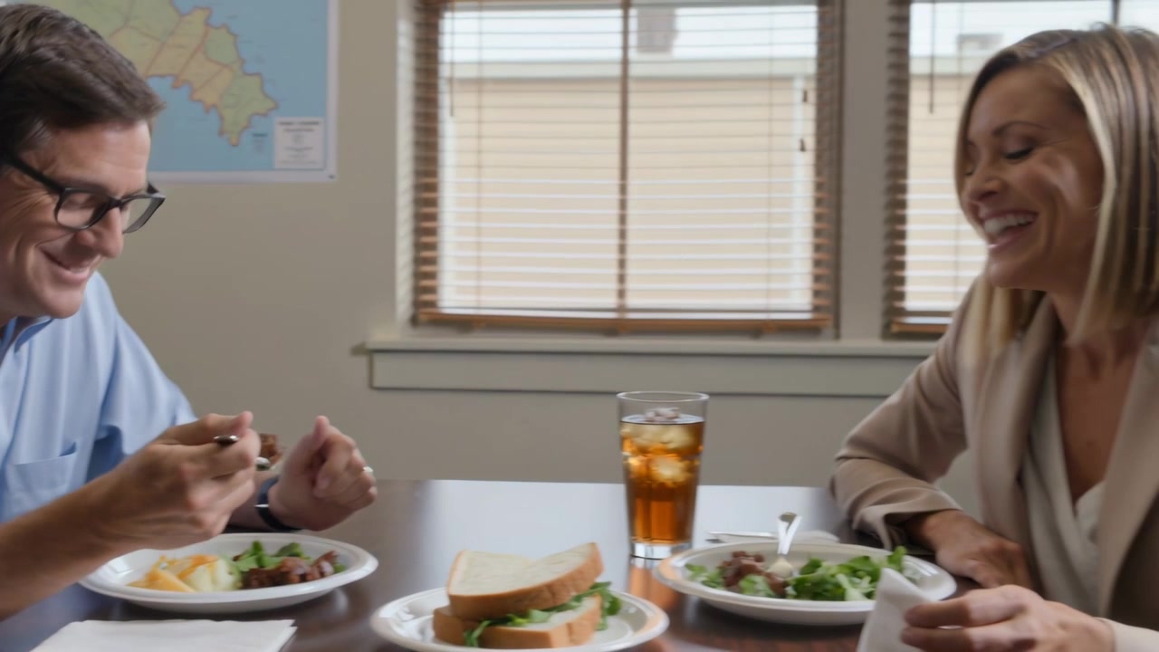 Speaking man in blue shirt gesturing, having sandwiches in office, woman in beige blazer laughing