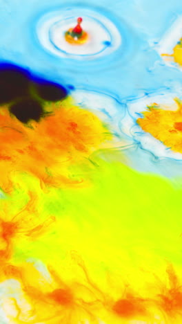 overhead vertical video shot of droplets of yellow and blue paint or dye dropped into water against white background to create swirling colourful pattern 1