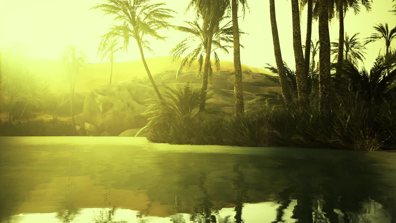 un atardecer sereno sobre un oasis tranquilo rodeado de palmeras y colinas