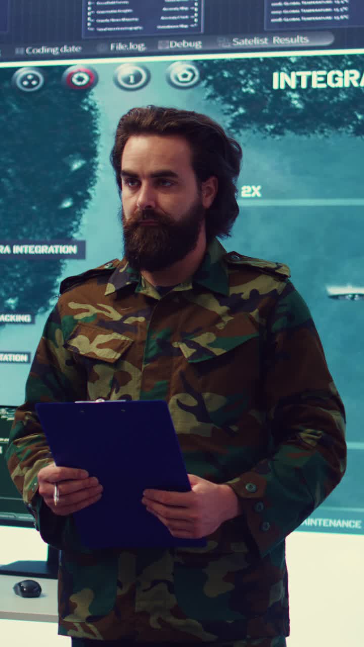 Military Man in Camouflage Uniform Standing in Command Center