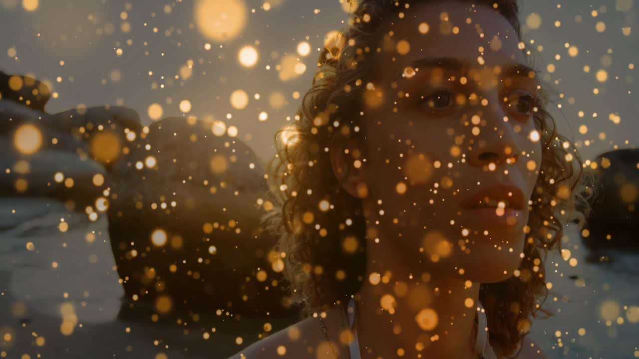 Sovrapposizione dorata scintillante che evidenzia una modella in salute accanto all'acqua, mentre gira la testa e si accarezza i capelli.