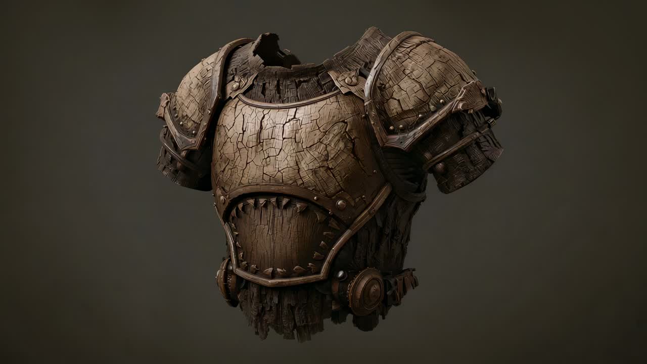 Cámara en órbita mostrando una coraza de madera y metal con hombreras en un estudio, resaltando los remaches y los detalles