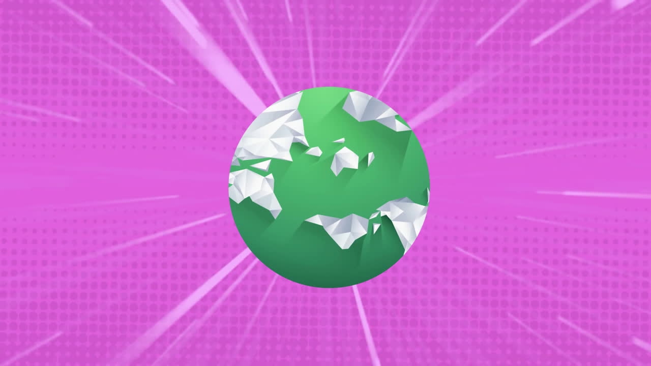 Rotating low-poly Earth animation over pink background with radial lines