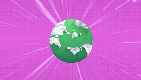 rotating low-poly earth animation over pink background with radial lines