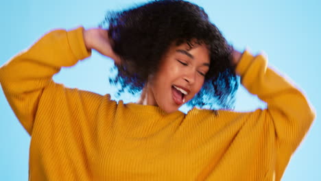 happy black woman, dance and beauty in studio by