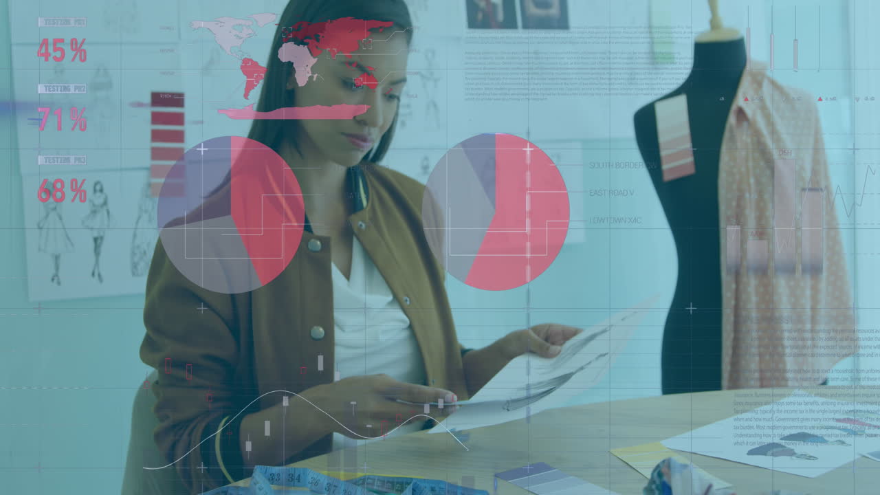 animación de procesamiento de datos estadísticos contra una diseñadora de moda biracial que trabaja en un estudio