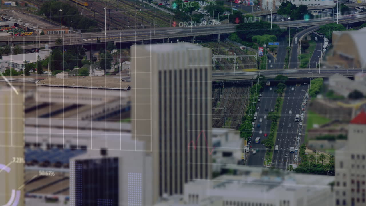 animación del procesamiento de datos financieros sobre el paisaje urbano