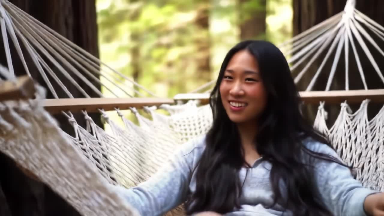 A Joyful Moment in Nature: A Young Woman Relaxing on a Hammock Amidst Lush Forest Scenery, Enjoying Peace and Tranquility in a Serene Outdoor Setting