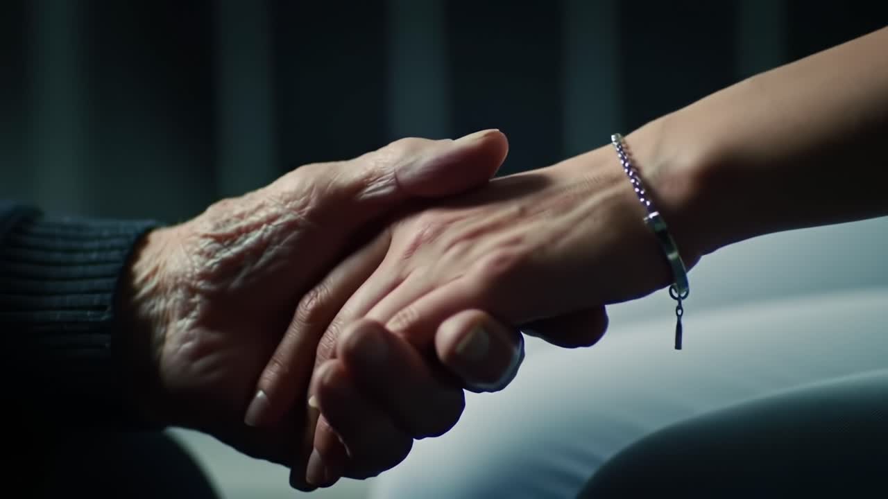 A Heartfelt Moment of Connection: An Elderly Hand Gripping a Younger Hand, Capturing the Essence of Companionship, Understanding, and Shared Emotions in a Tender Display