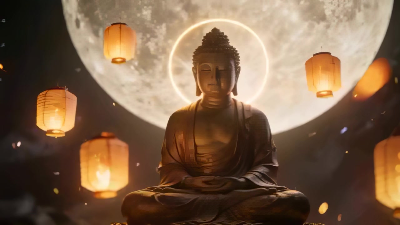Đèn lồng trôi, tượng Phật mạ vàng ngồi trong ngôi đền mờ sương nhận ánh hào quang dưới trăng tròn