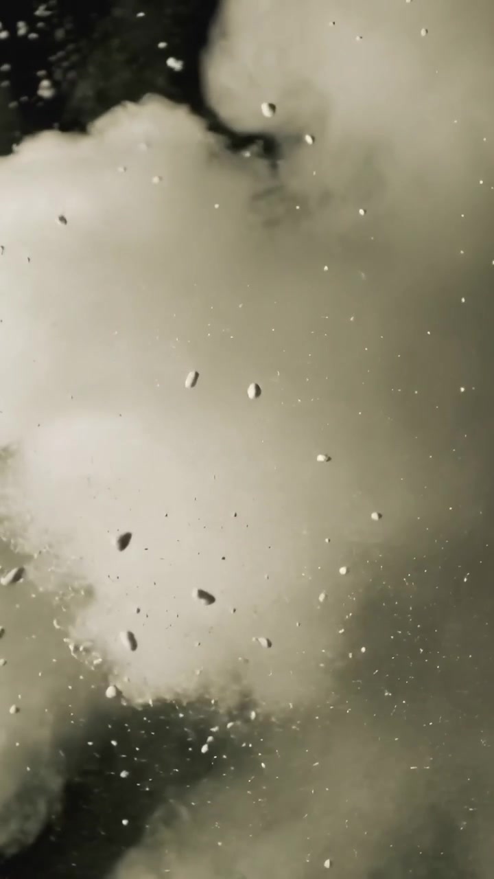 Vertical video: Bursting particulate plume billowing in studio close-up, scattering bright debris