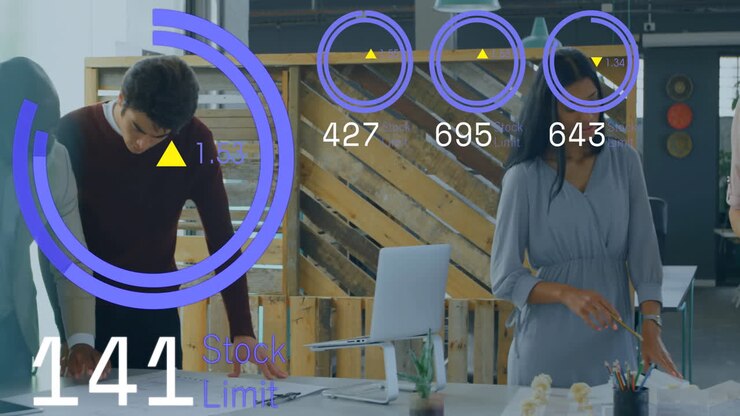 Stock limit data animation over business people working in modern office
