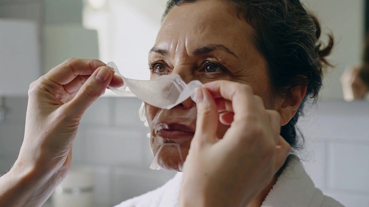 Placing helper pressing sheet mask on woman in bathroom in white robe, peeling film for skincare