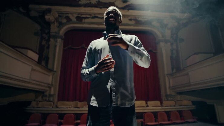 Uomo sul palco in un teatro abbandonato