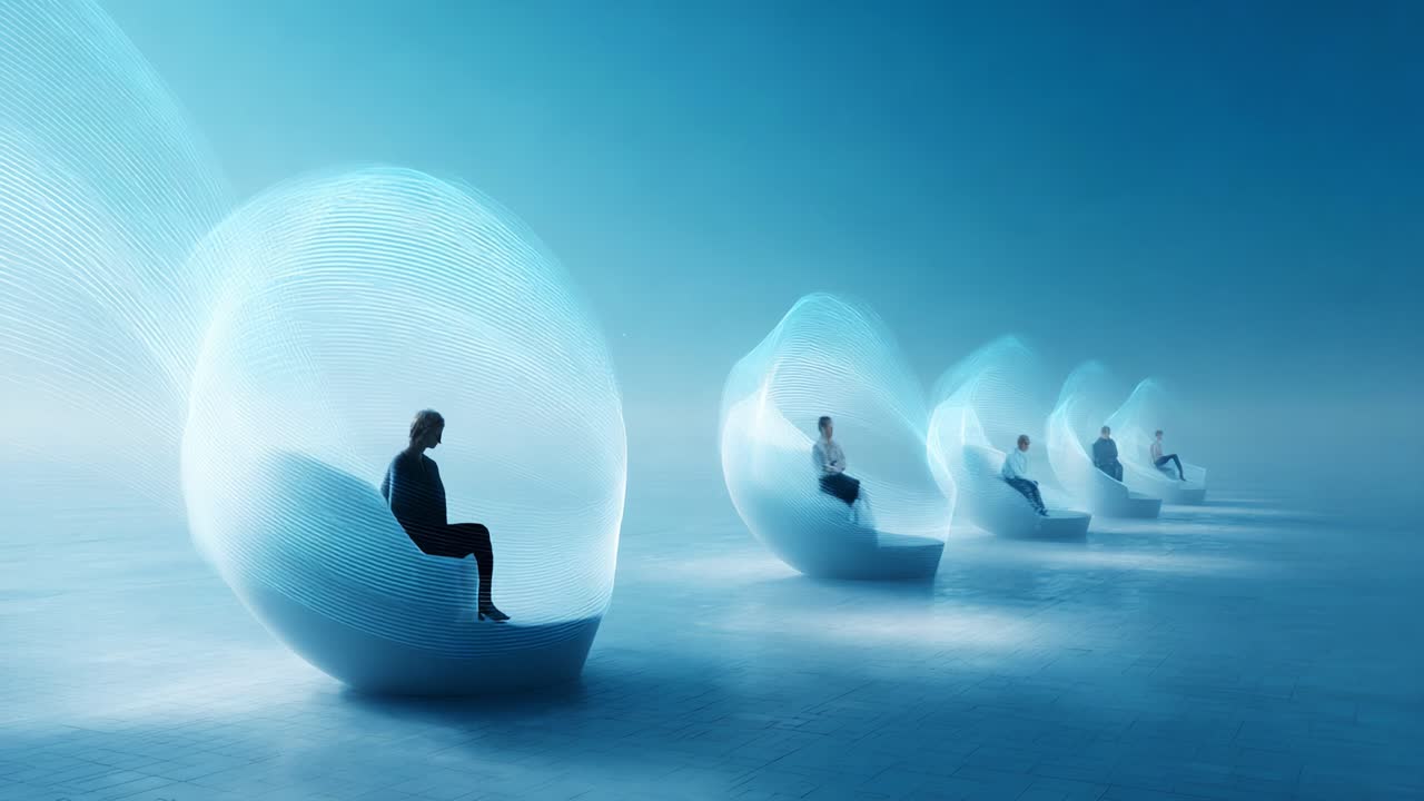 A Serene Futuristic Setting Featuring Individuals in Abstract Pods, Emphasizing Meditation, Contemplation, and Innovative Design Against a Dreamlike Blue Background