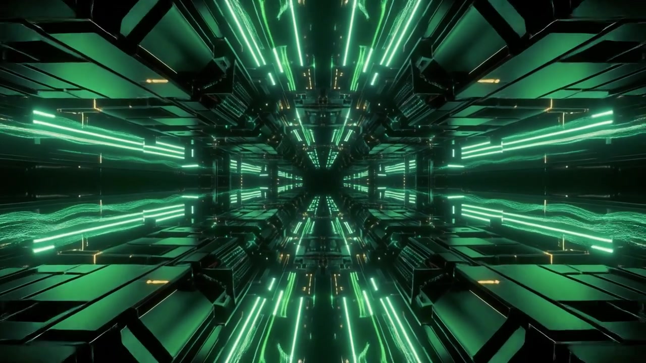 Tunnel Fantascientifico Futuristico con Luci al Neon Verdi Luminose