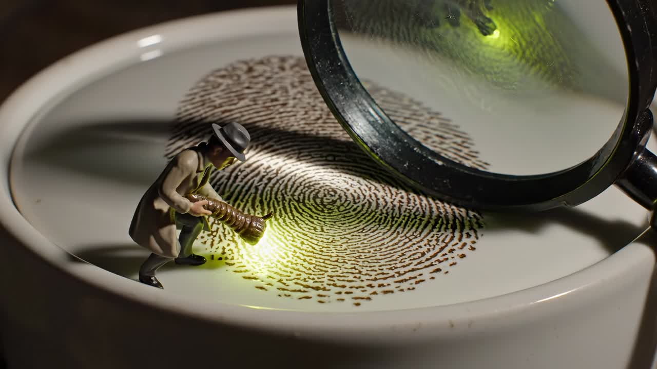 Miniatur-Detektiv untersucht Fingerabdruck mit Lupe