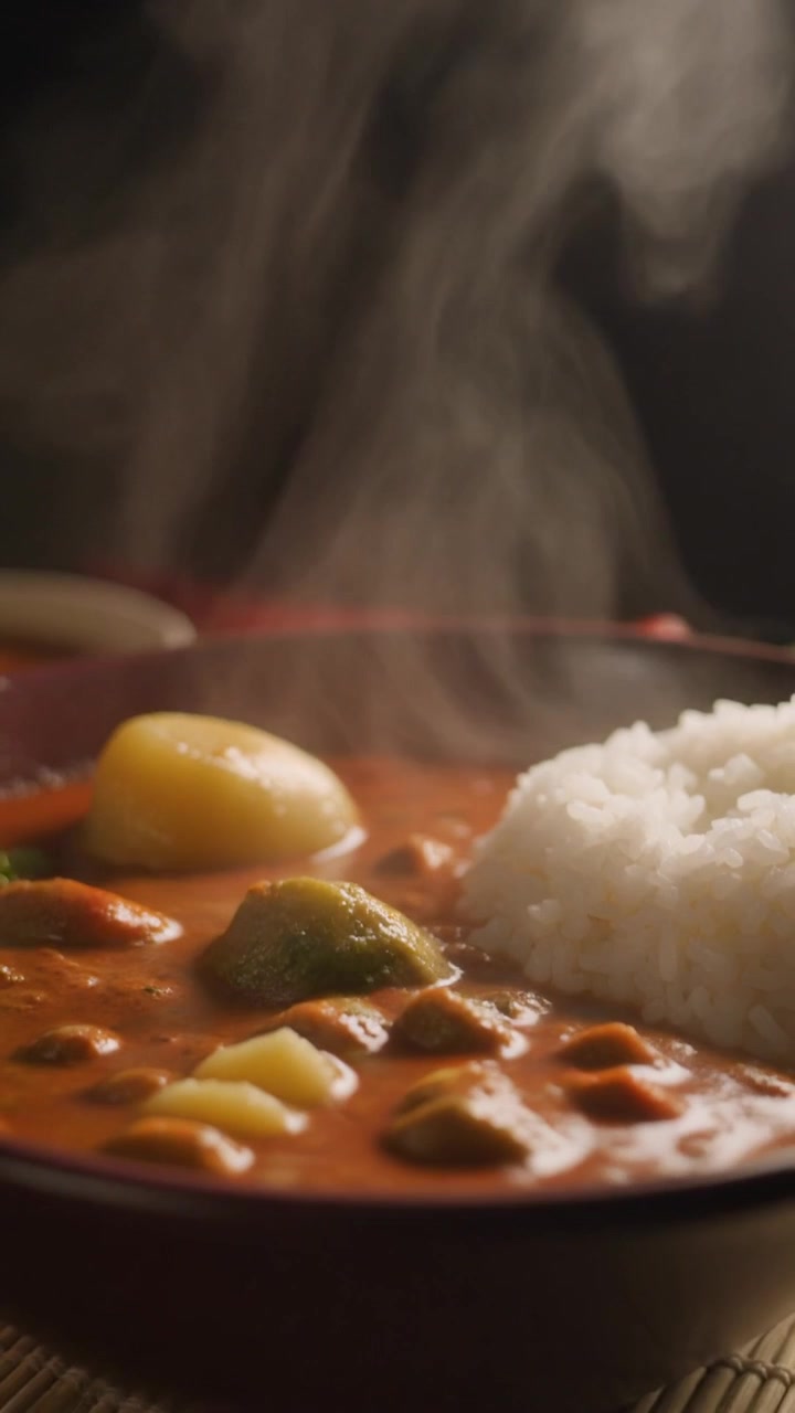 Cuenco humeante de curry caliente con arroz blanco