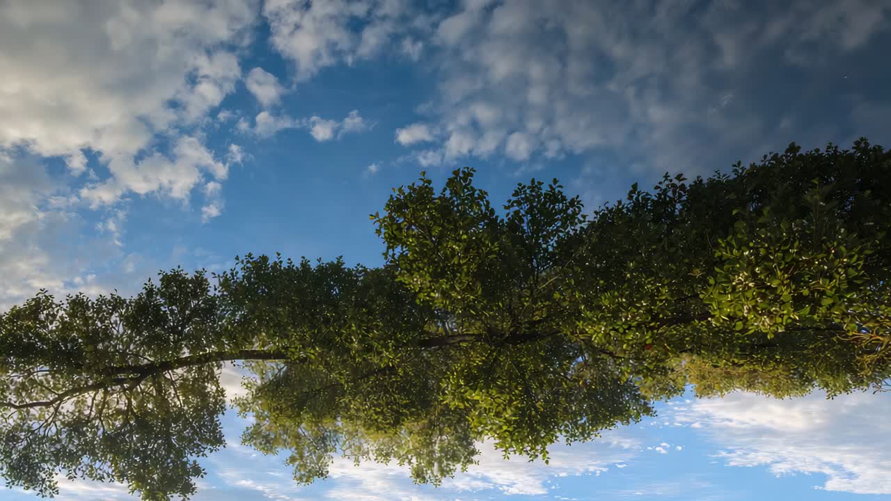 Appearing tiny disturbance near center making circular ripples distorting canopy reflection on pond