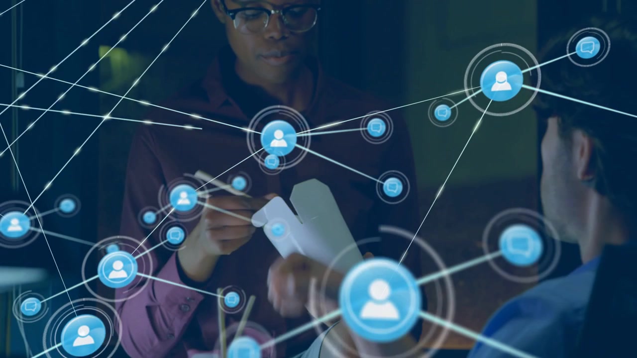Man and woman sharing takeout, network HUD appearing, expanding over people, showing business links