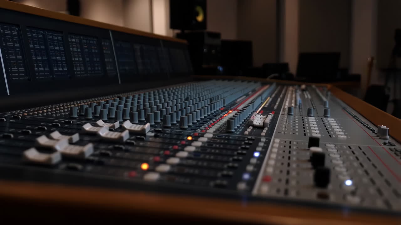 A professional audio mixing console in a recording studio