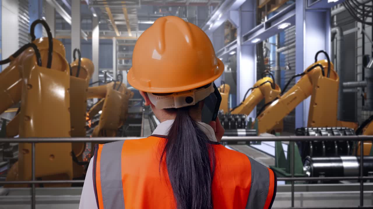 Close Up Back View Of Asian Female Engineer With Safety Helmet Talking On Smartphone While Standing With Industrial Robotic Arms Working