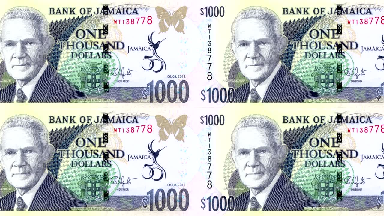 billetes de mil dólares jamaicanos del banco de jamaica rodando en la pantalla, monedas del mundo, dinero en efectivo, bucle