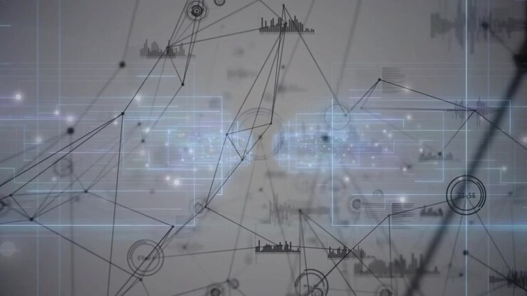 On data pulse network graph evolving center, nodes extending, panels sliding, showing data flow