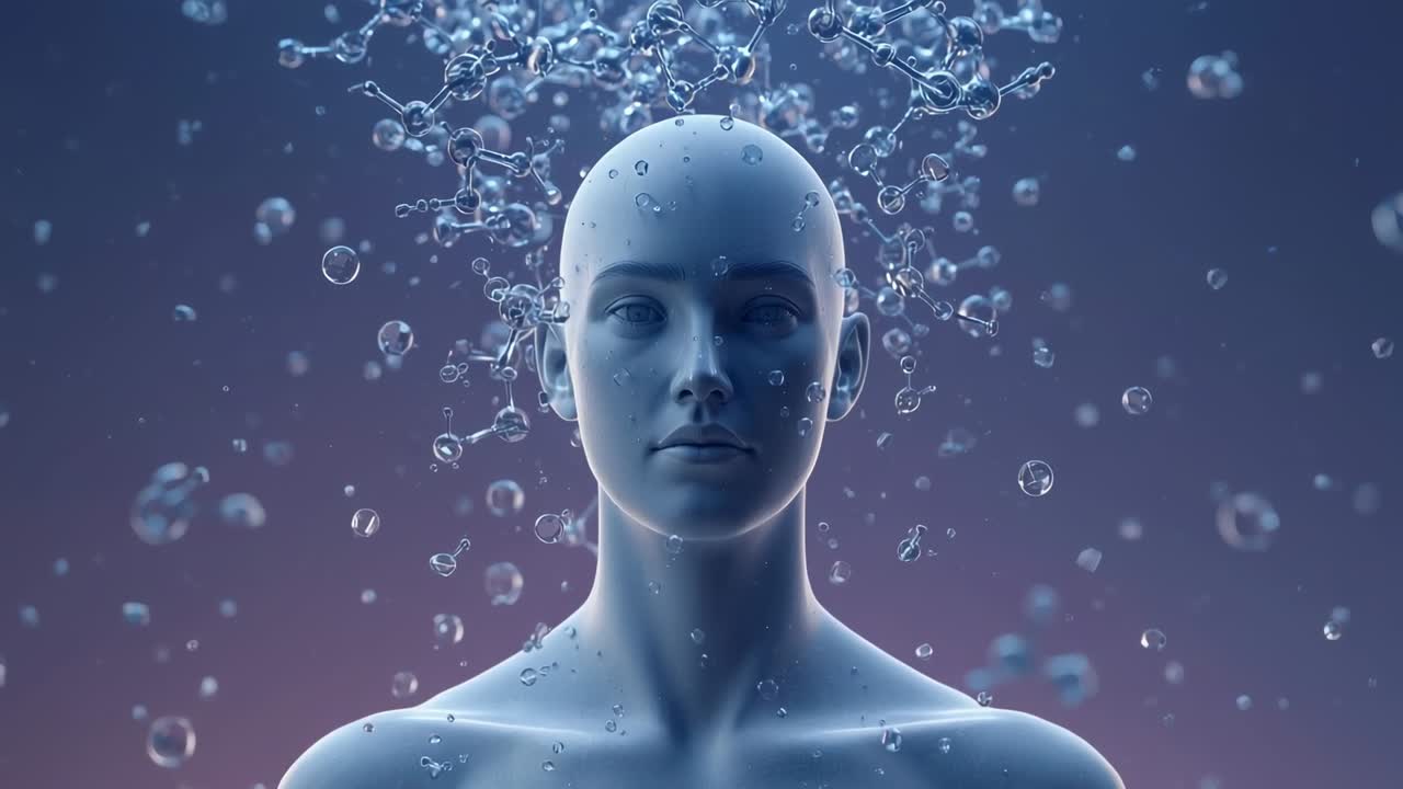 Sequence starting showing molecular clusters orbiting metallic-blue bust in purple gradient