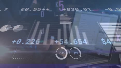 animación de un hacker usando una computadora portátil con procesamiento de datos financieros