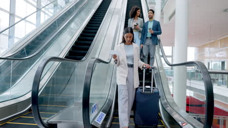Escalator,-walking-and-business-woman-with-plane