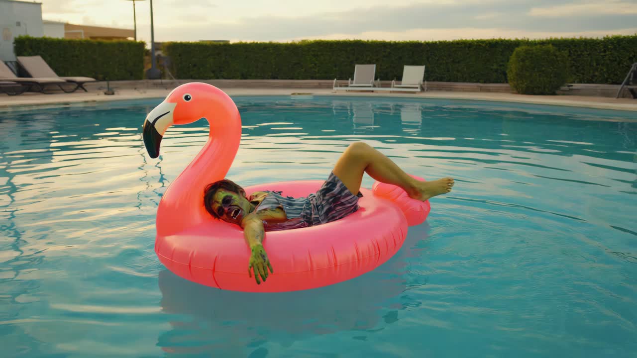 Zombie Relaxing on a Flamingo Inflatable in a Pool