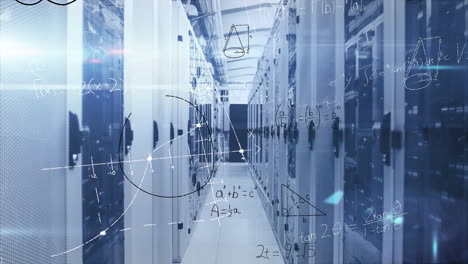 animation of mathematical equations and diagrams over lens flares against server room