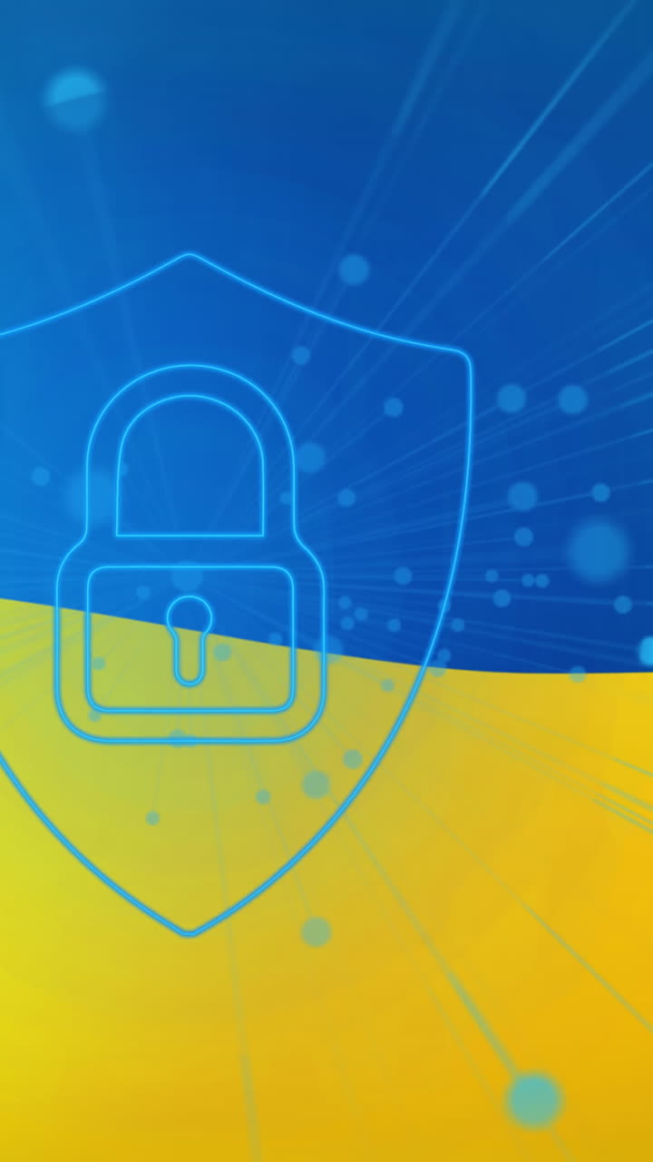 animación de puntos azules y escudo con candado sobre la bandera de ucrania