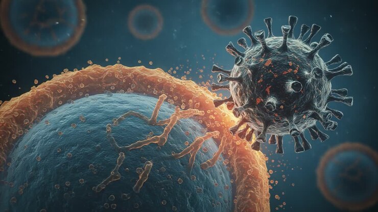 Microscopic View of Virus Interacting with Human Cells: Detailed Representation of Viral Invasion and Immune Response Mechanisms in a Scientific Illustration